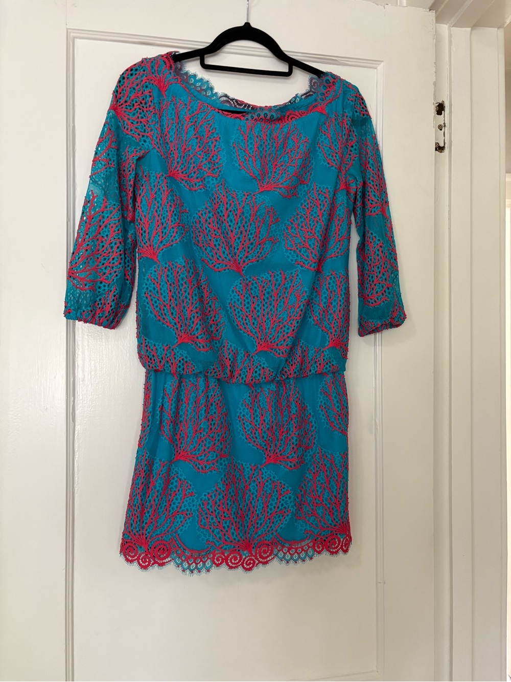 Lilly Pulitzer Turquoise Lace Overlay Dress with Pink Coral Detail